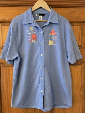 Vintage Blast Blue Embroidered Button-Down Houses & Flowers Novelty Shirt